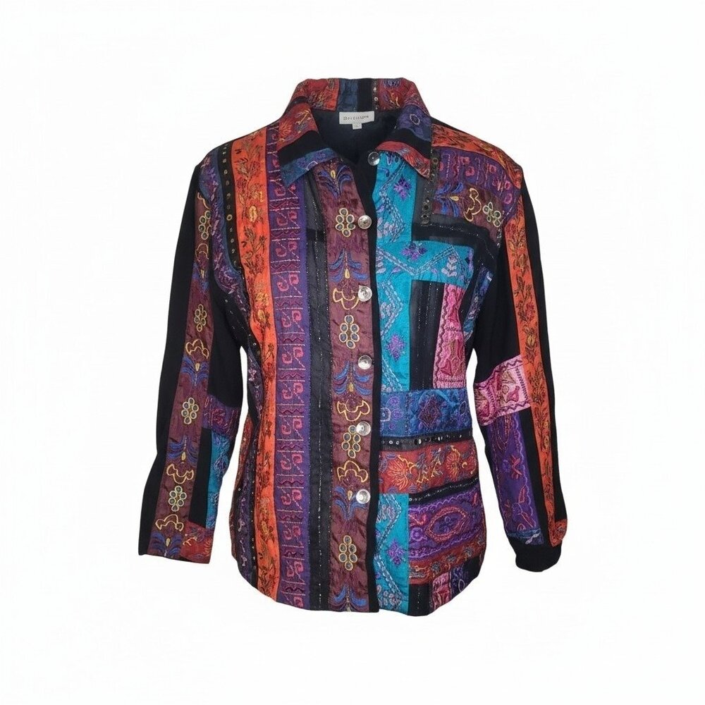 Chicos Jacket Womens Size 2 (M/L-12) Embroidered Boho Patchwork Metallic Artwear